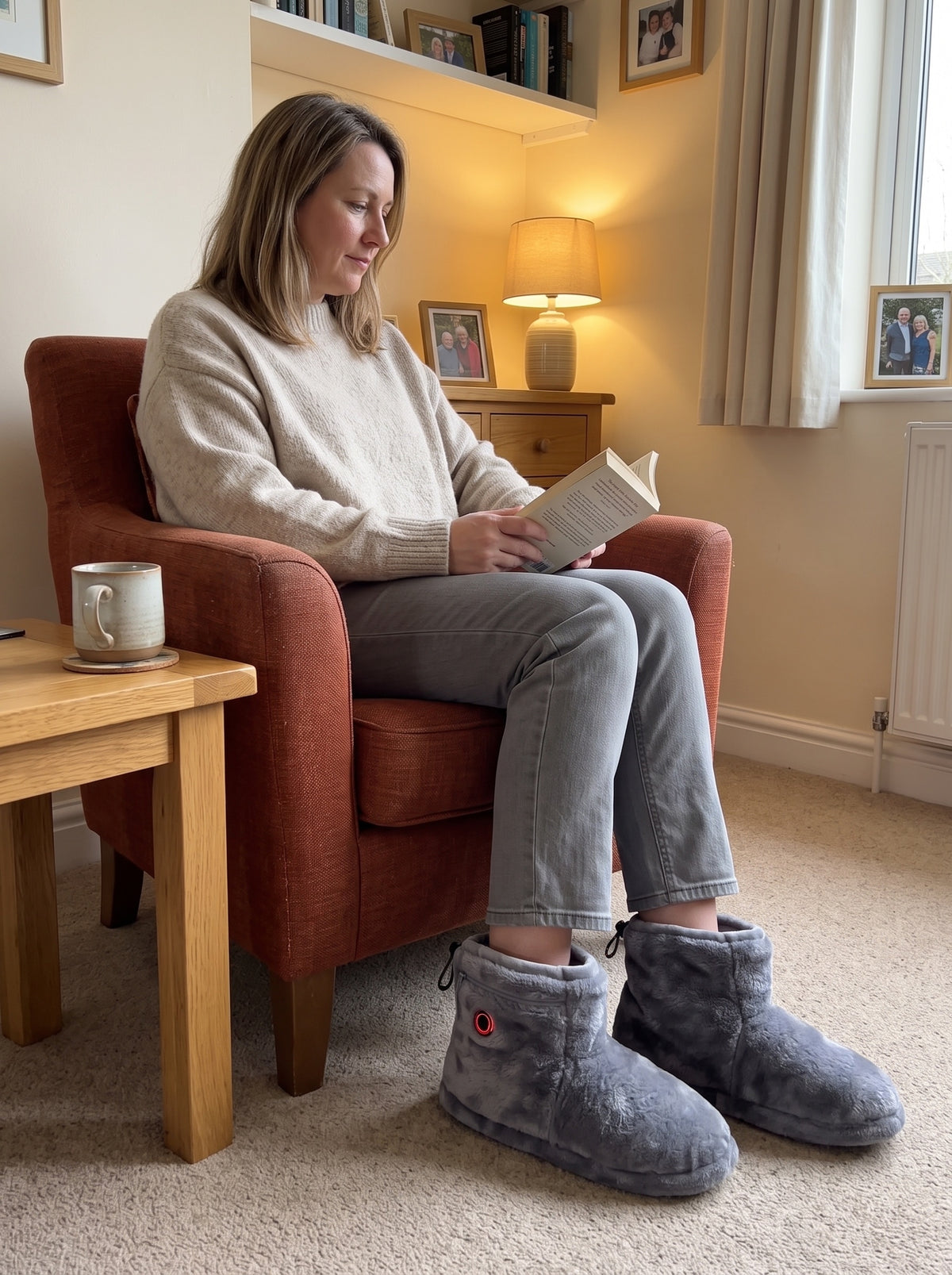 A quiet evening at home in Toastmere heated slipper boots